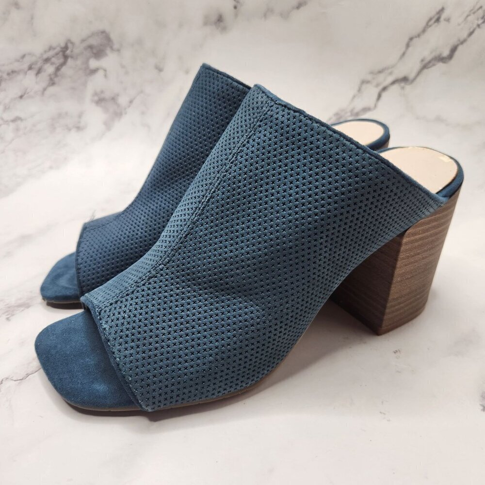 Kenneth Cole Reaction Kammie Blue Suede Block Heels Mules Slip-On Sandals 6
